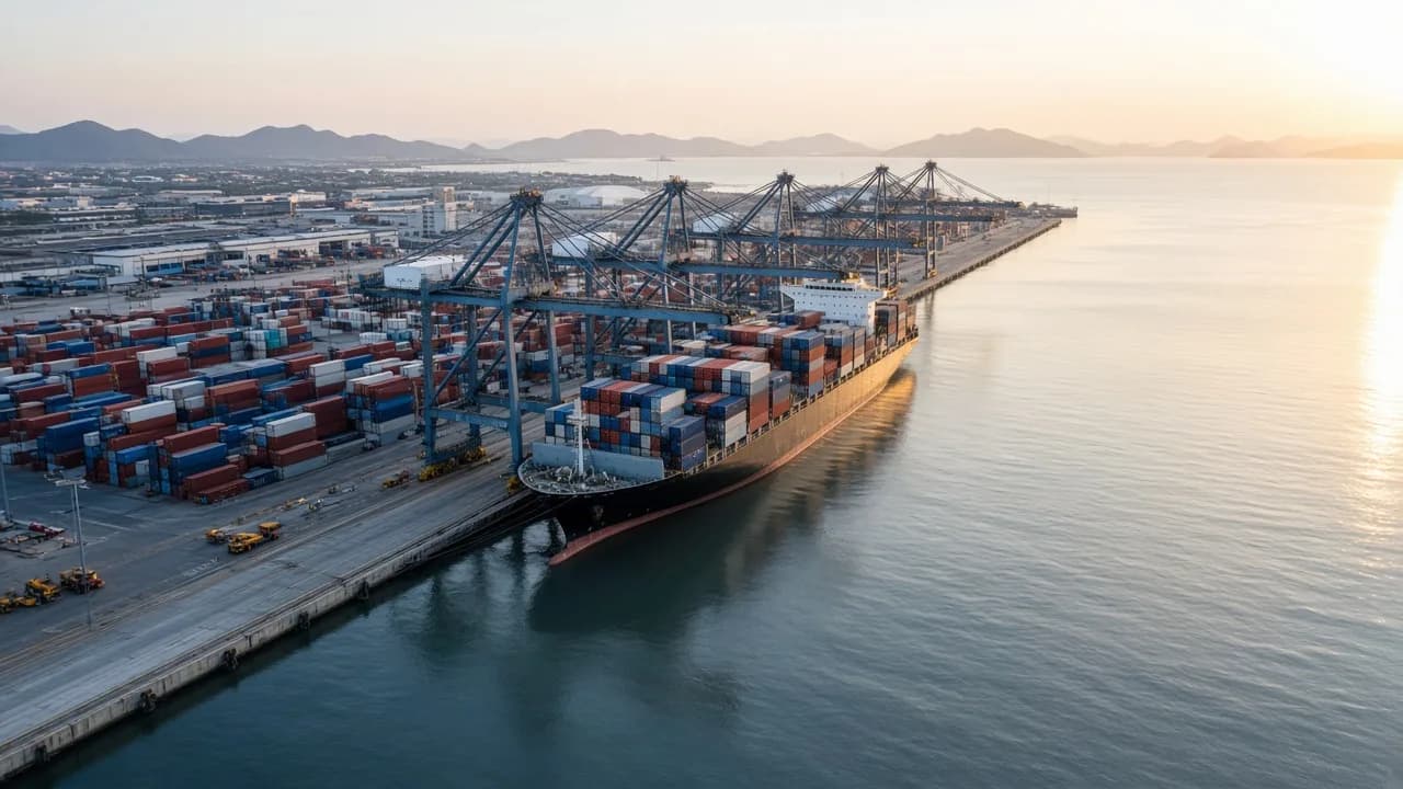 Luftaufnahme eines Containerhafens mit Kränen und Frachtcontainern