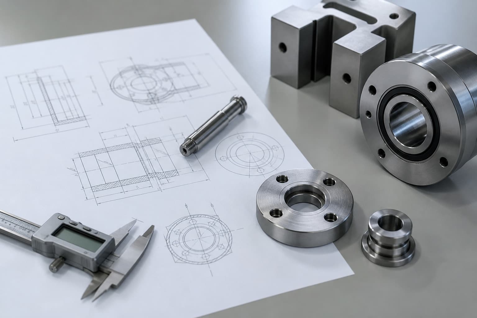 Technische Zeichnung mit präzisionsgefertigten Metallbauteilen