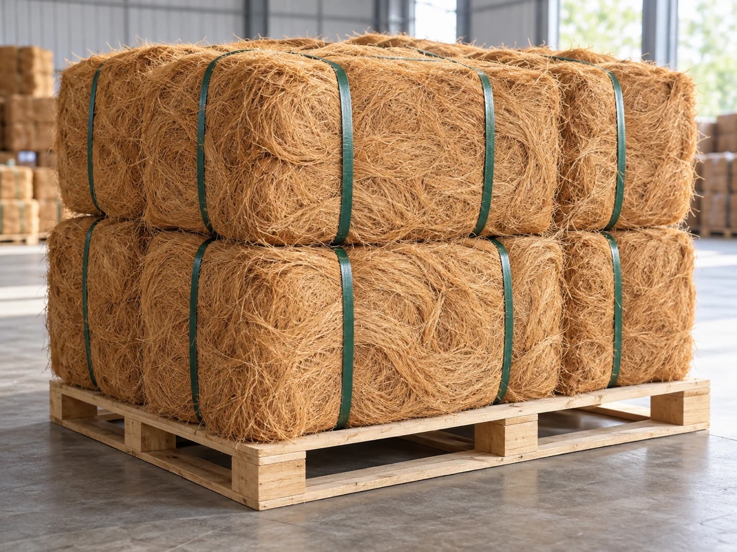 Gepresste Kokosfaserballen mit grünen Umreifungsbändern auf einer Holzpalette