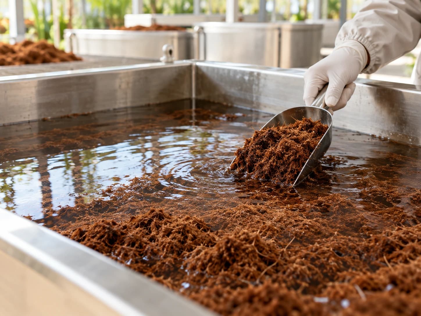 Coco Peat wird mit einer Schaufel aus einem Behandlungsbad gehoben
