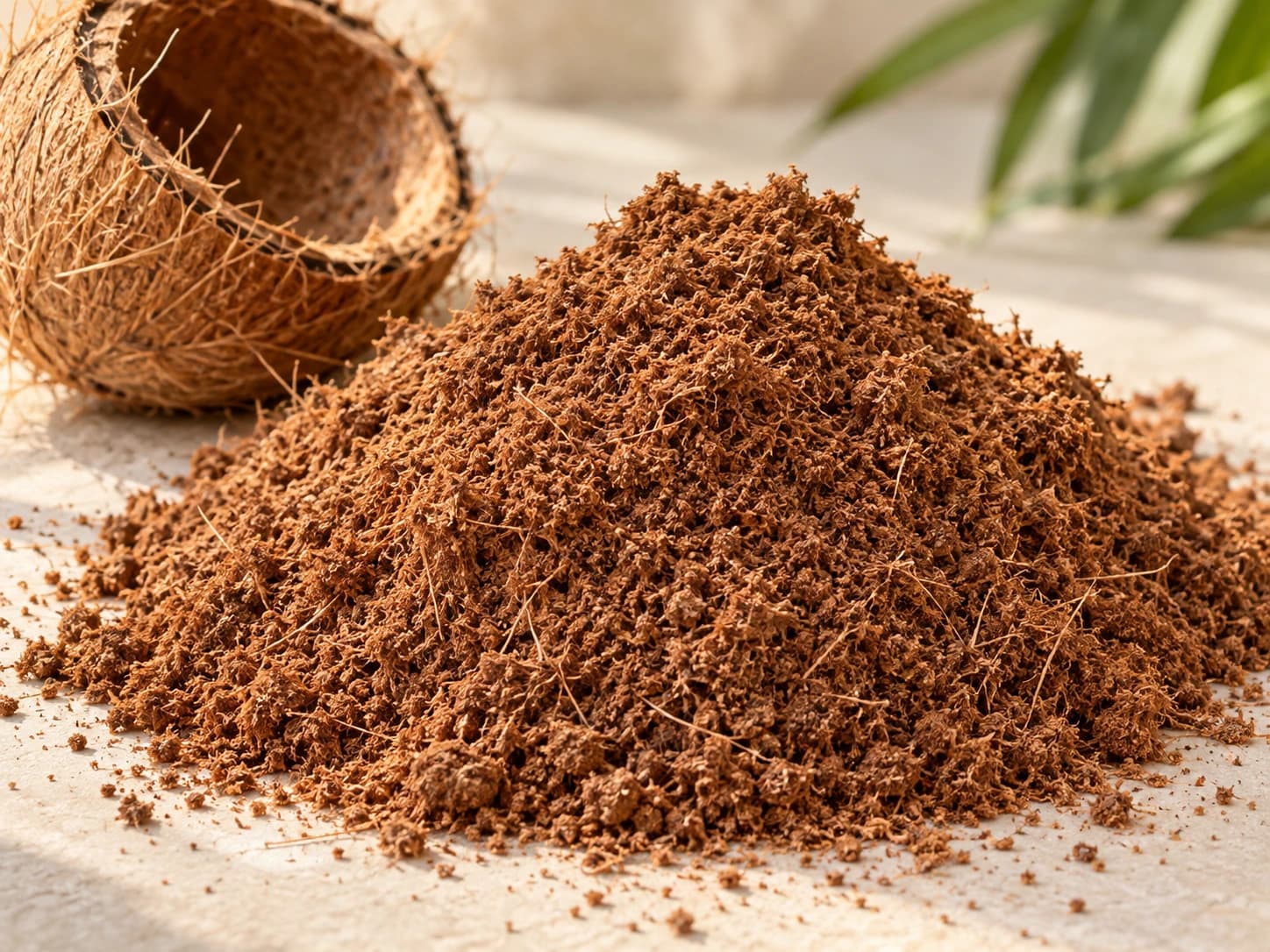 Loses natürliches Coco Peat neben einer Kokosschale