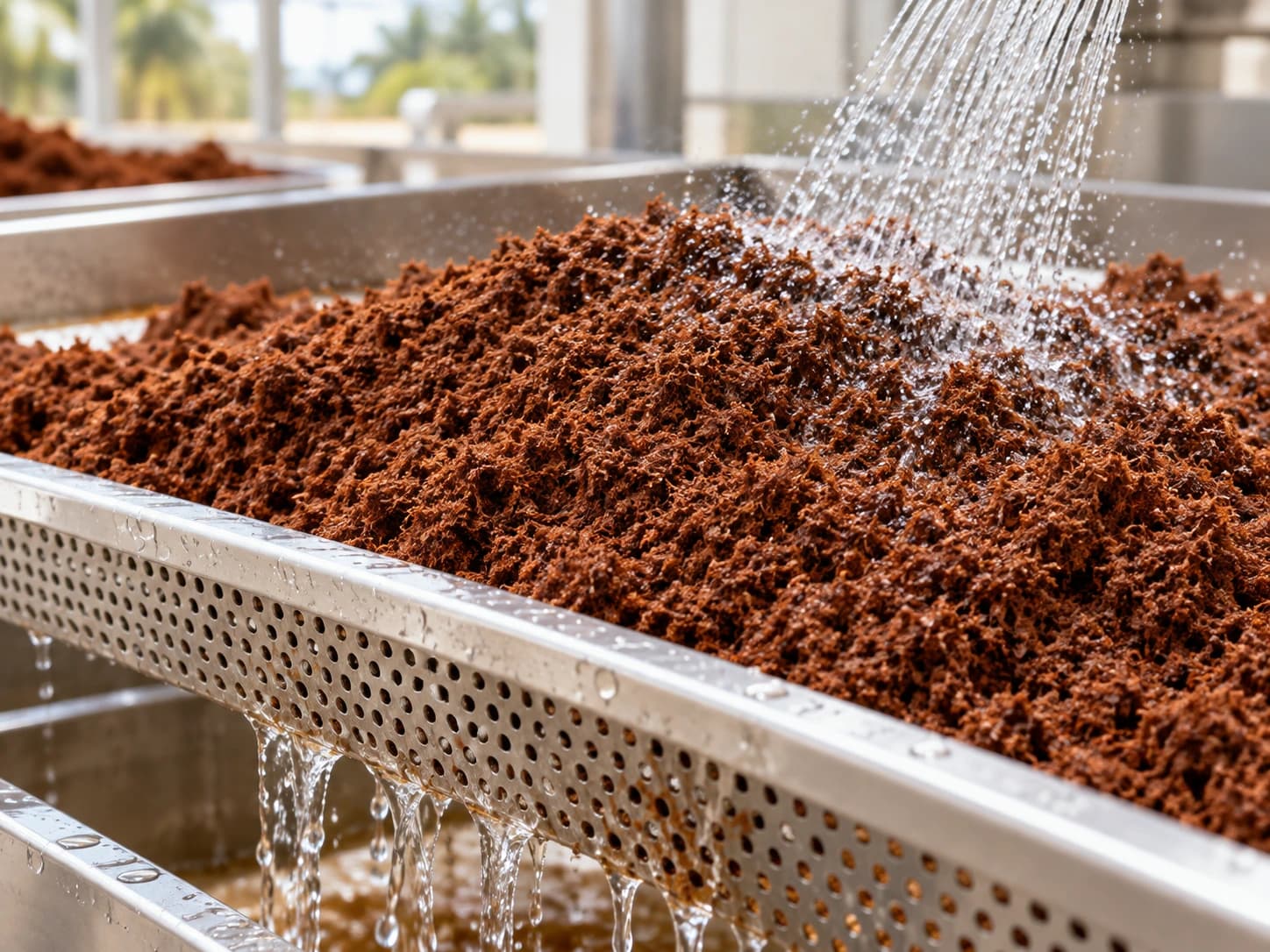 Coco Peat wird in einer perforierten Wanne mit Wasser gewaschen